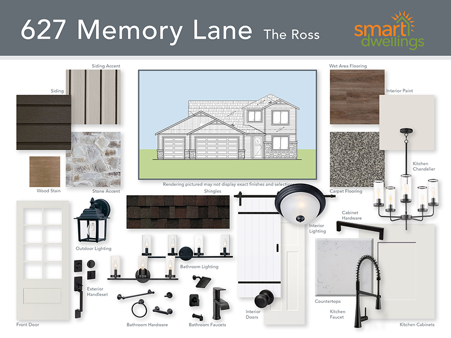 Product board for 627 Memory Lane featuring tan and coffee siding, brown shingles, sleek black hardware and finishes, jasmine white quartz countertops, and white cabinetry.